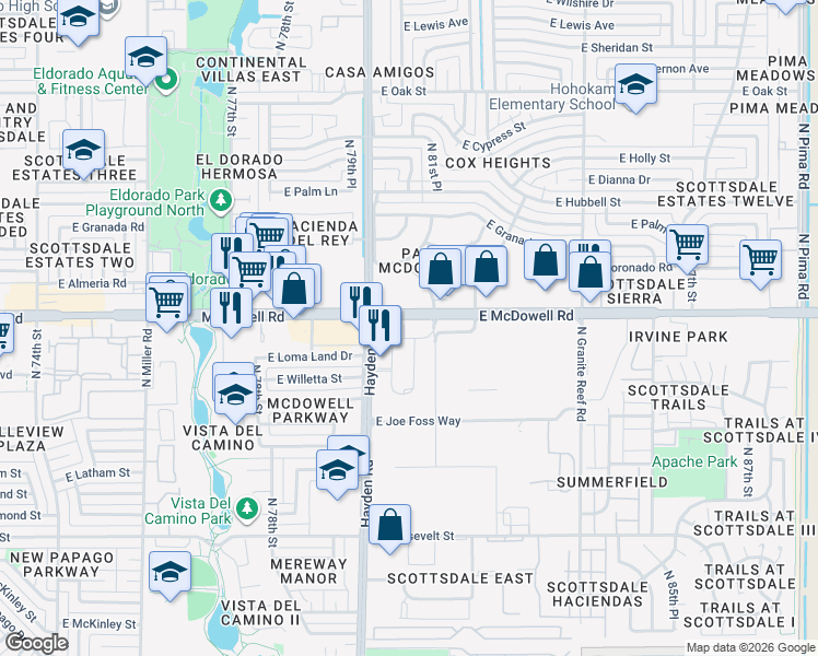 map of restaurants, bars, coffee shops, grocery stores, and more near 1465 East Commerce Court in Scottsdale