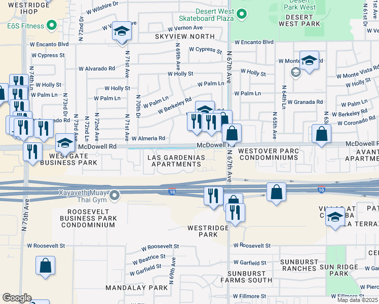 map of restaurants, bars, coffee shops, grocery stores, and more near 6901 West McDowell Road in Phoenix