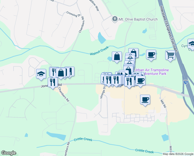 map of restaurants, bars, coffee shops, grocery stores, and more near 107 Crown Park Drive in McDonough