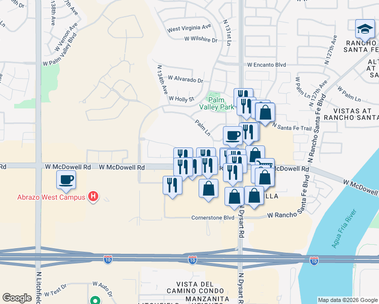 map of restaurants, bars, coffee shops, grocery stores, and more near 13310 West Coronado Road in Goodyear