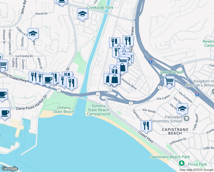 map of restaurants, bars, coffee shops, grocery stores, and more near 25825 Las Vegas in Dana Point