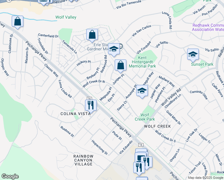 map of restaurants, bars, coffee shops, grocery stores, and more near 45638 Magnolia Place in Temecula