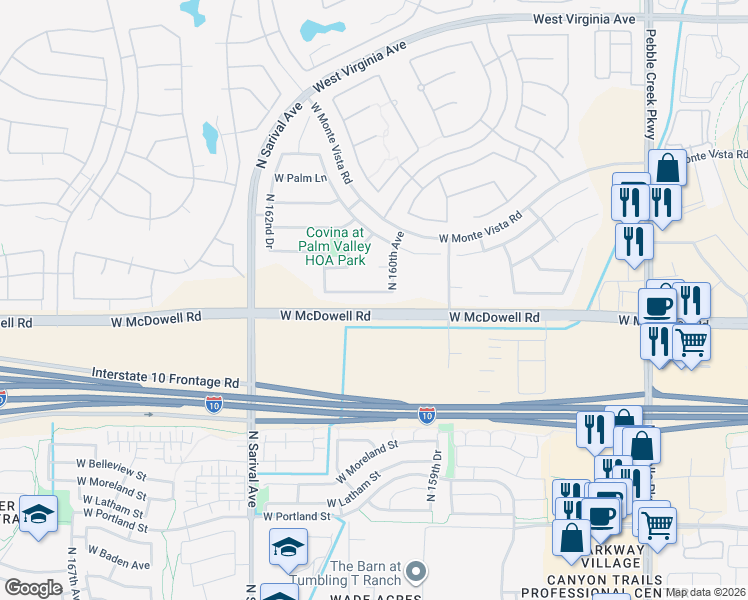 map of restaurants, bars, coffee shops, grocery stores, and more near 16037 West Almeria Road in Goodyear