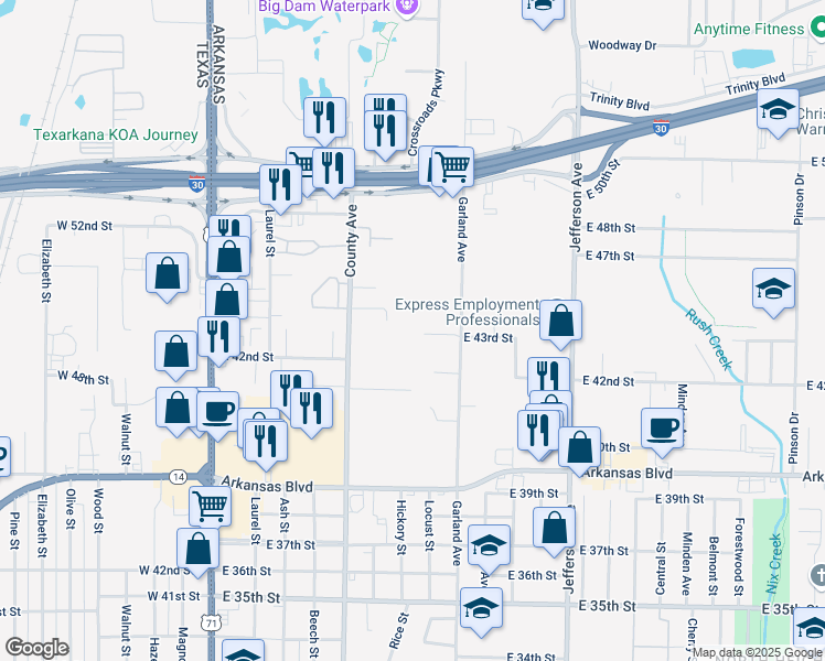 map of restaurants, bars, coffee shops, grocery stores, and more near 704 East 43rd Street in Texarkana