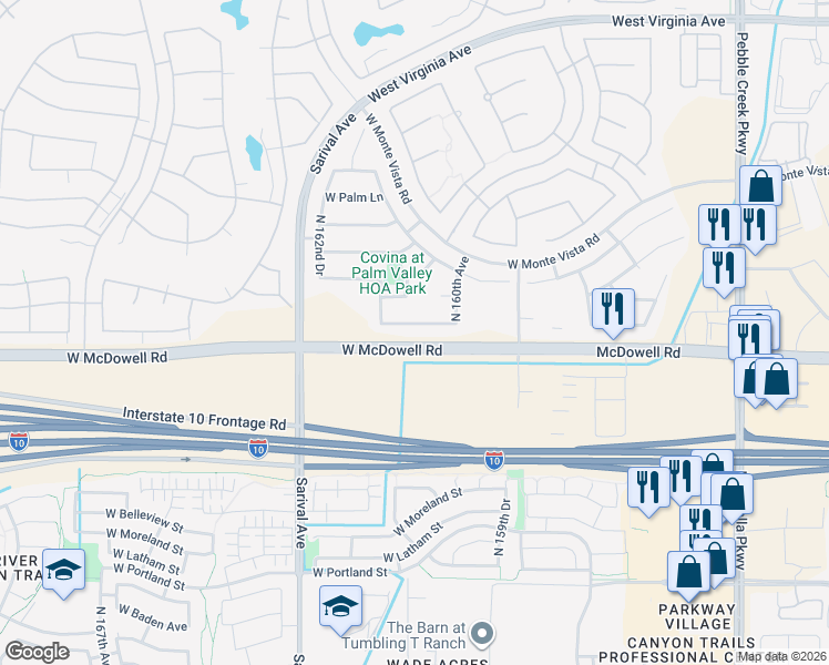 map of restaurants, bars, coffee shops, grocery stores, and more near 16113 West Almeria Road in Goodyear