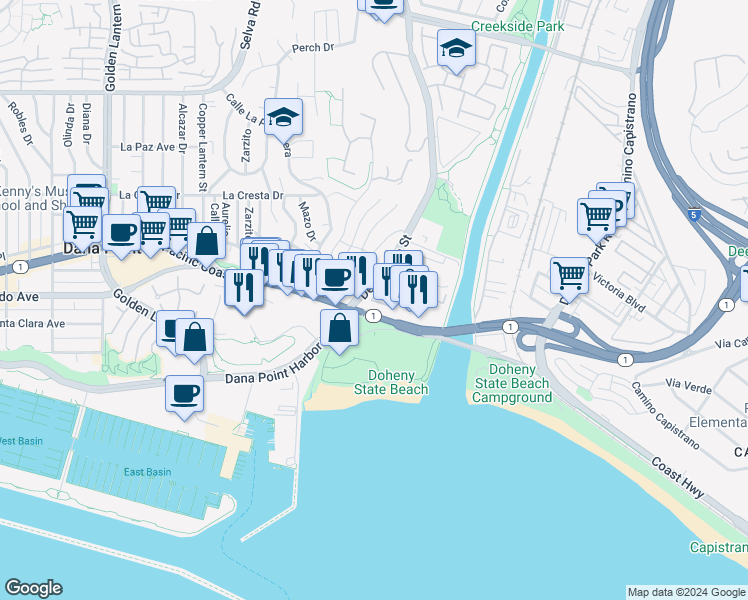 map of restaurants, bars, coffee shops, grocery stores, and more near 3327 Doheny Way in Dana Point
