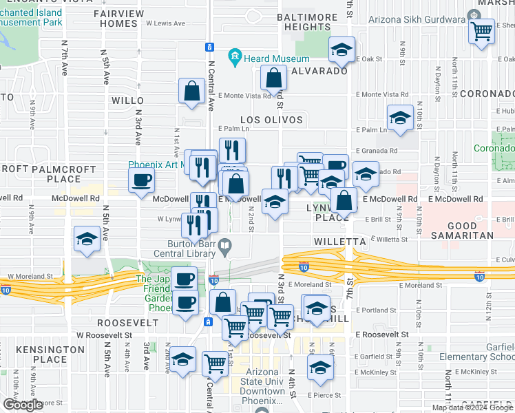 map of restaurants, bars, coffee shops, grocery stores, and more near 1302 North 2nd Street in Phoenix