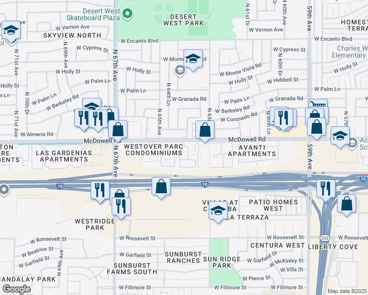 map of restaurants, bars, coffee shops, grocery stores, and more near 6405 West McDowell Road in Phoenix