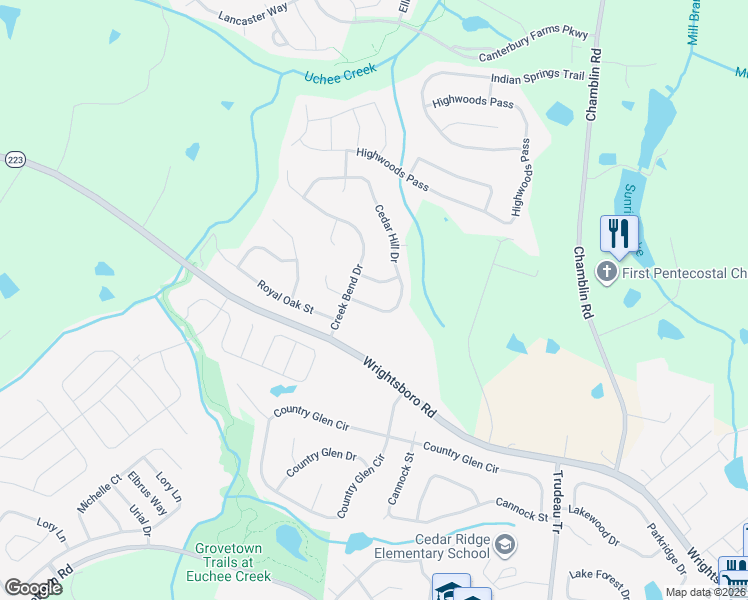 map of restaurants, bars, coffee shops, grocery stores, and more near 1611 Cedar Hill Drive in Grovetown