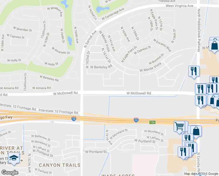 map of restaurants, bars, coffee shops, grocery stores, and more near 16113 West Almeria Road in Goodyear