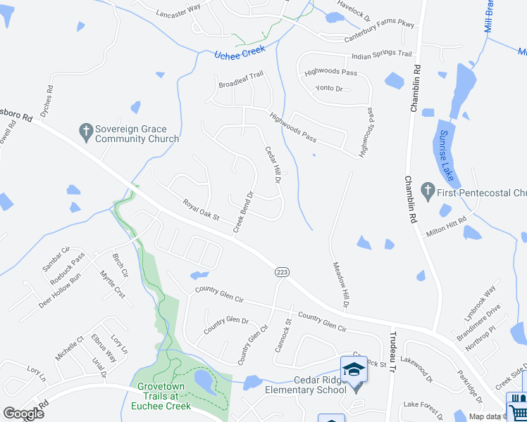 map of restaurants, bars, coffee shops, grocery stores, and more near 1607 Cedar Hill Drive in Grovetown