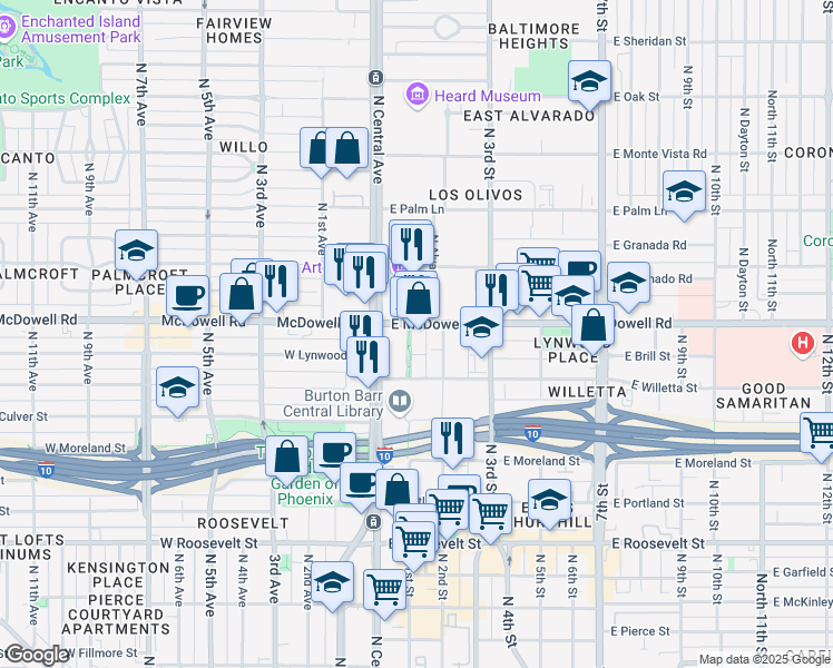 map of restaurants, bars, coffee shops, grocery stores, and more near 1425 North 1st Street in Phoenix