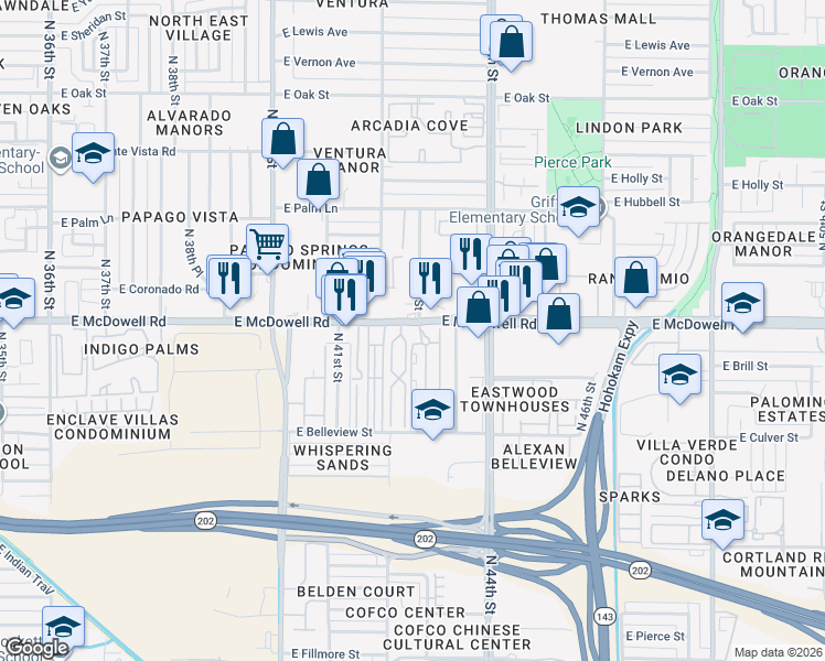 map of restaurants, bars, coffee shops, grocery stores, and more near 4225 East McDowell Road in Phoenix
