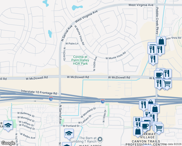 map of restaurants, bars, coffee shops, grocery stores, and more near 16037 West Almeria Road in Goodyear