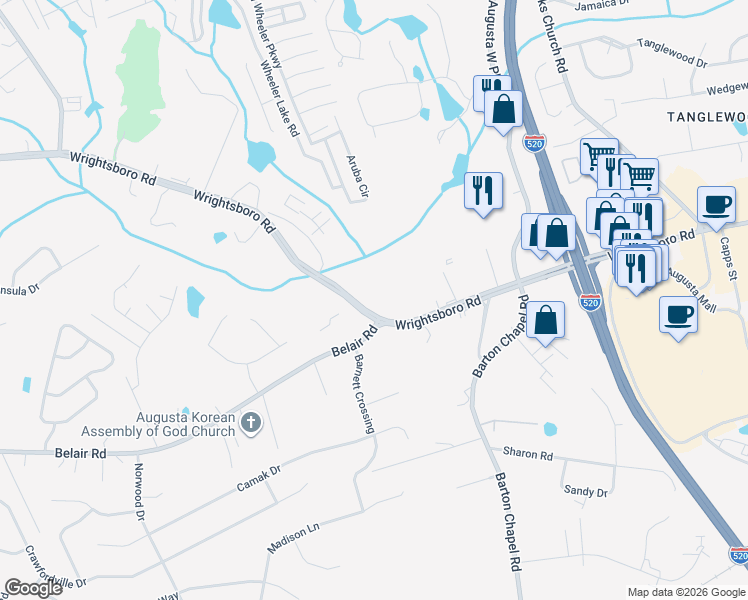 map of restaurants, bars, coffee shops, grocery stores, and more near 3603 Wrightsboro Rd in Augusta