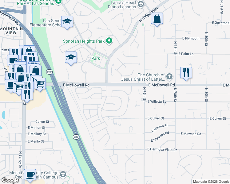 map of restaurants, bars, coffee shops, grocery stores, and more near 7415 East Nora Street in Mesa