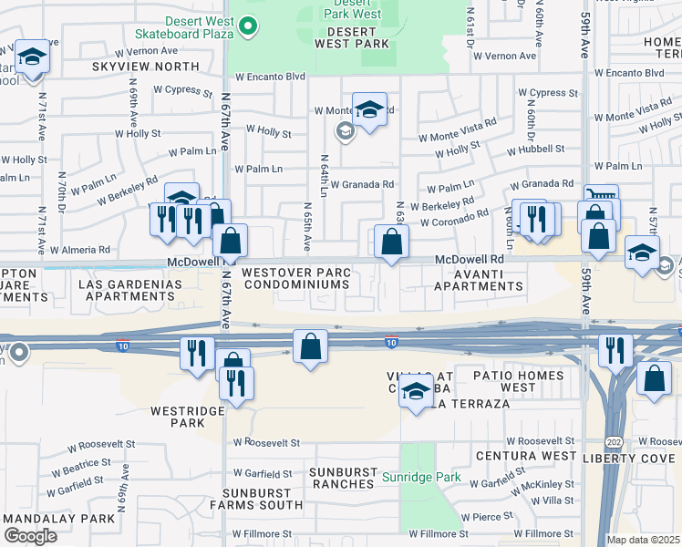 map of restaurants, bars, coffee shops, grocery stores, and more near 6405 West McDowell Road in Phoenix