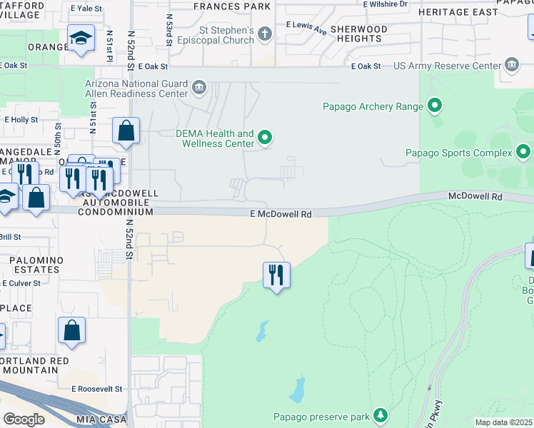 map of restaurants, bars, coffee shops, grocery stores, and more near E McDowell Rd & N 54th St in Phoenix