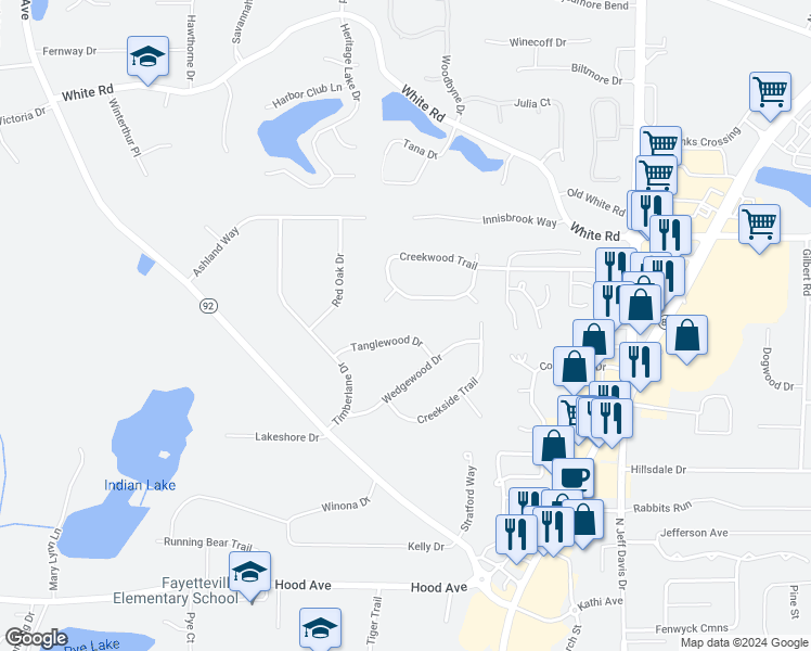 map of restaurants, bars, coffee shops, grocery stores, and more near 150 Tanglewood Drive in Fayetteville