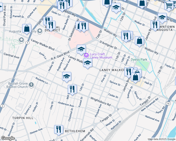 map of restaurants, bars, coffee shops, grocery stores, and more near 1324 Laney Walker Boulevard in Augusta