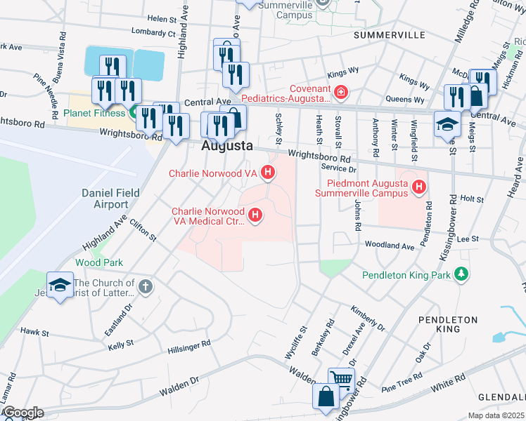 map of restaurants, bars, coffee shops, grocery stores, and more near 1 Freedom Way in Augusta
