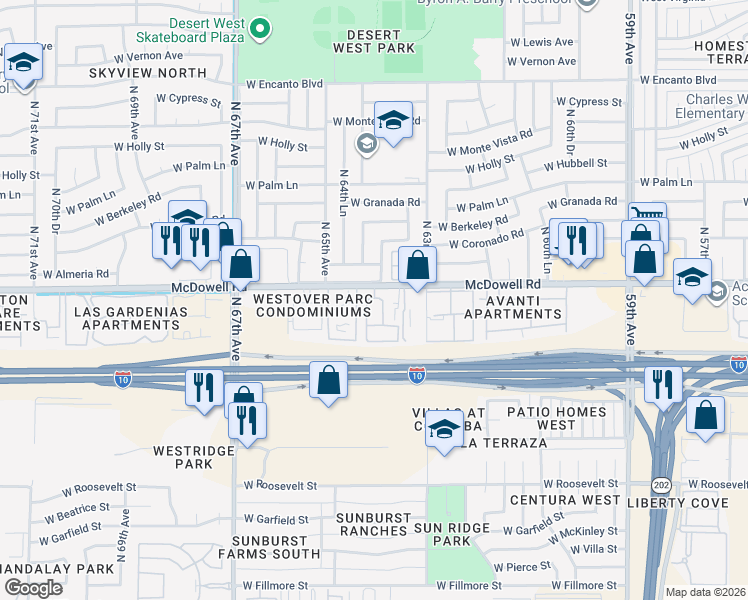 map of restaurants, bars, coffee shops, grocery stores, and more near 6405 West McDowell Road in Phoenix