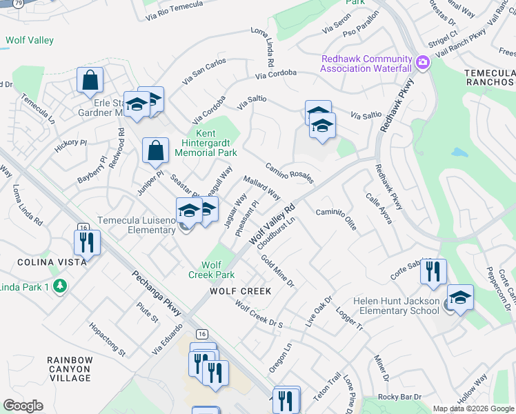 map of restaurants, bars, coffee shops, grocery stores, and more near 31925 Penguin Place in Temecula