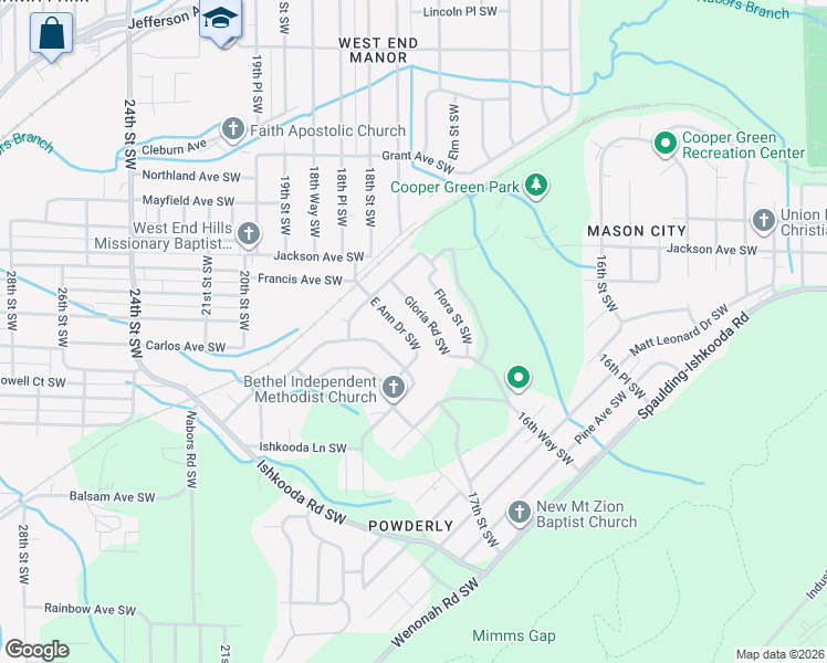 map of restaurants, bars, coffee shops, grocery stores, and more near 233 East Ann Drive Southwest in Birmingham