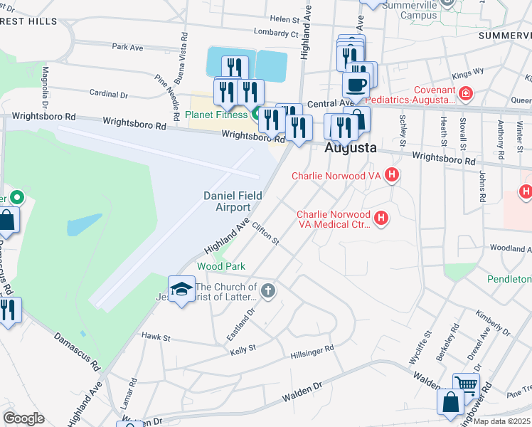 map of restaurants, bars, coffee shops, grocery stores, and more near 1915 1/2 Ohio Avenue in Augusta