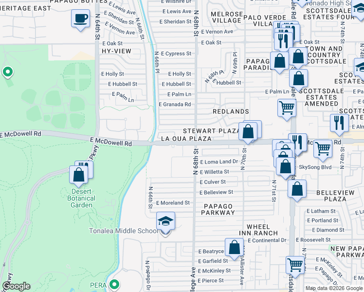 map of restaurants, bars, coffee shops, grocery stores, and more near 1550 North 67th Place in Scottsdale