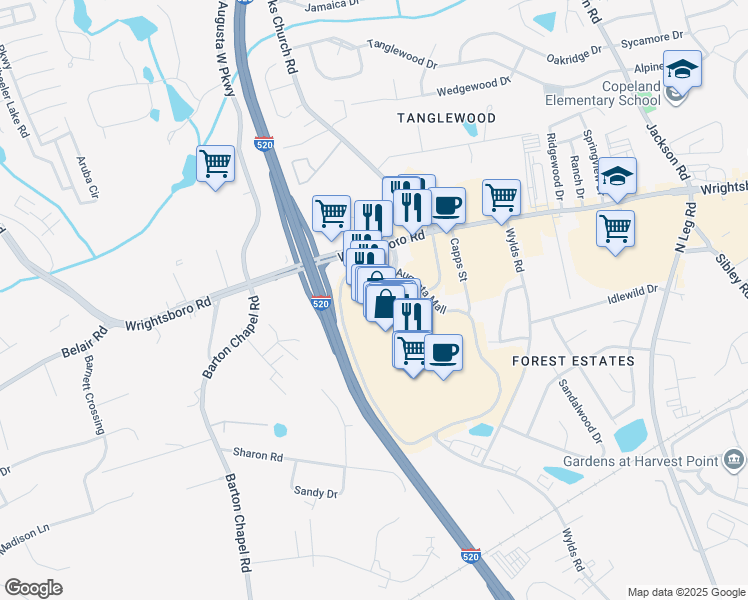 map of restaurants, bars, coffee shops, grocery stores, and more near 3450 Wrightsboro Road in Augusta