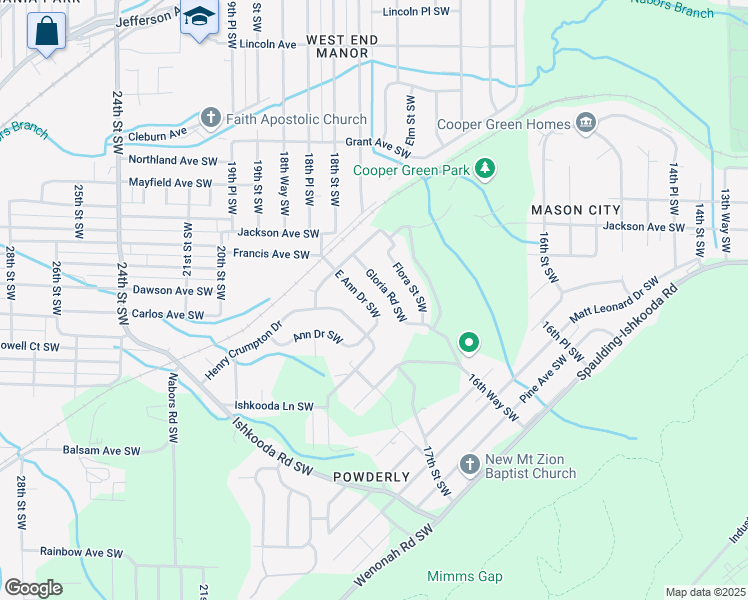 map of restaurants, bars, coffee shops, grocery stores, and more near 233 East Ann Drive Southwest in Birmingham