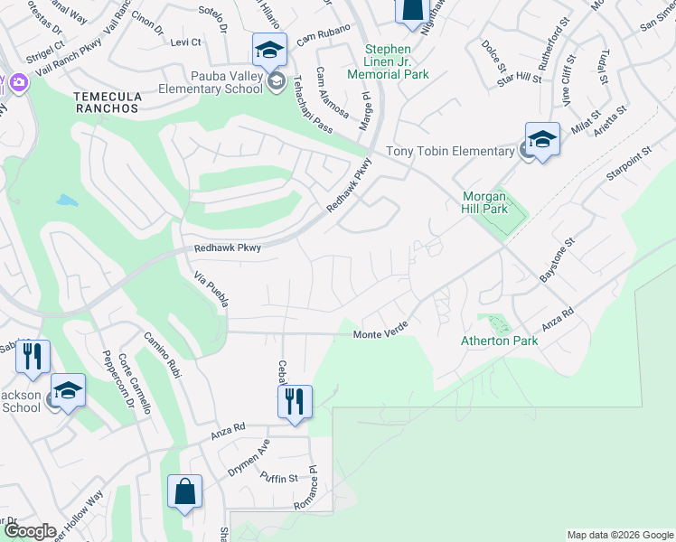 map of restaurants, bars, coffee shops, grocery stores, and more near 45564 Gresham Lane in Temecula