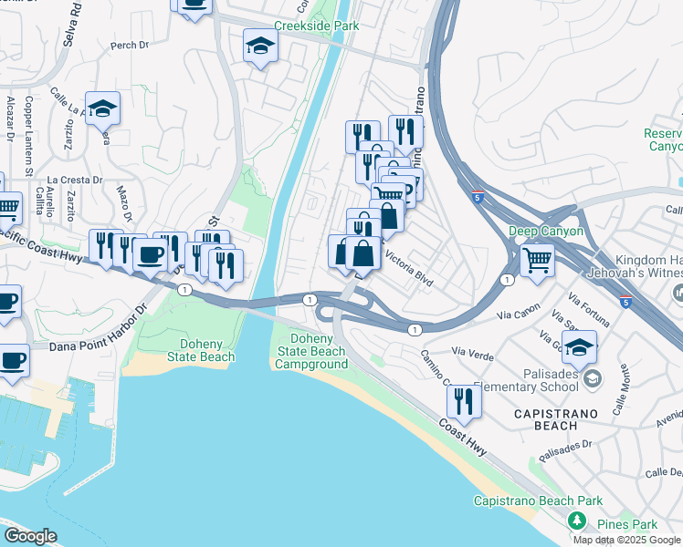 map of restaurants, bars, coffee shops, grocery stores, and more near 25825 Las Vegas in Dana Point