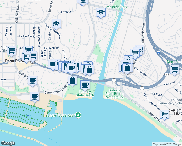 map of restaurants, bars, coffee shops, grocery stores, and more near 2353 Doheny Way in Dana Point