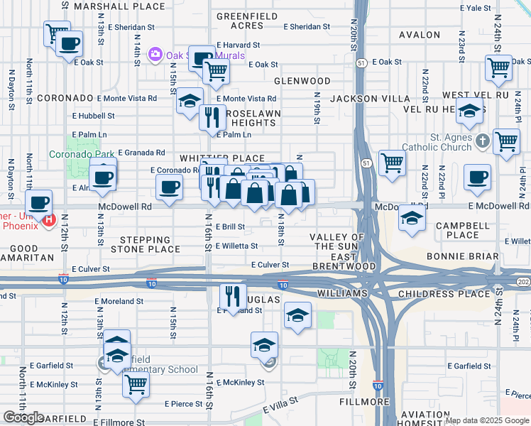 map of restaurants, bars, coffee shops, grocery stores, and more near 1736 East Brill Street in Phoenix