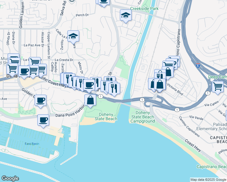 map of restaurants, bars, coffee shops, grocery stores, and more near 2353 Doheny Way in Dana Point
