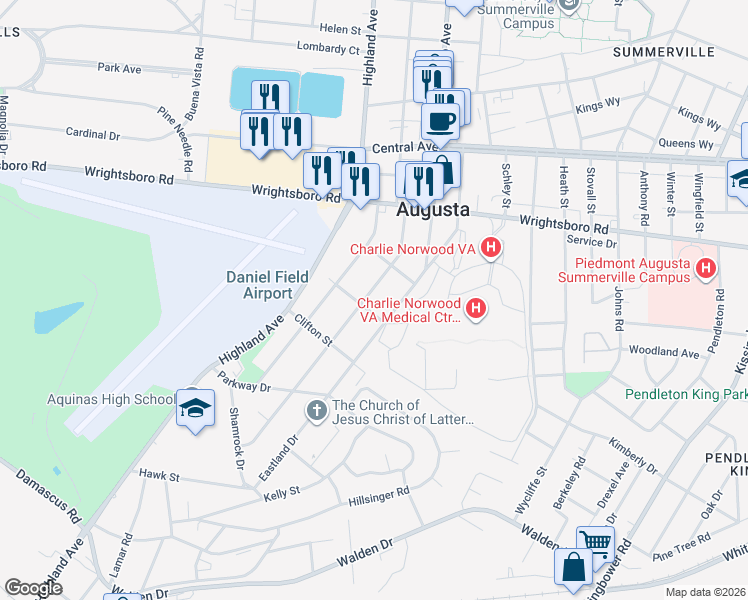 map of restaurants, bars, coffee shops, grocery stores, and more near 1825 Maryland Avenue in Augusta