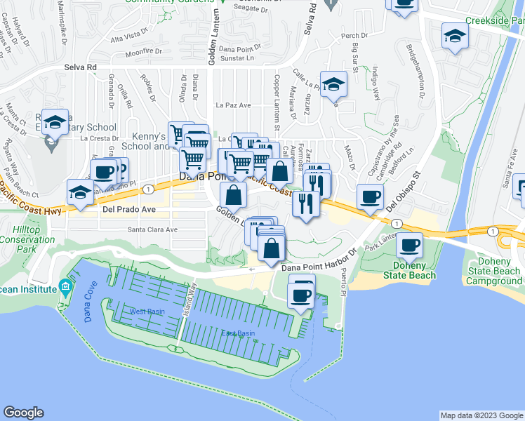 map of restaurants, bars, coffee shops, grocery stores, and more near 34300 Lantern Bay Drive in Dana Point