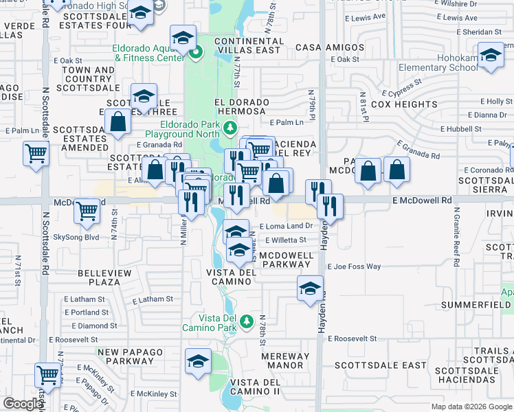 map of restaurants, bars, coffee shops, grocery stores, and more near 7745 East McDowell Road in Scottsdale