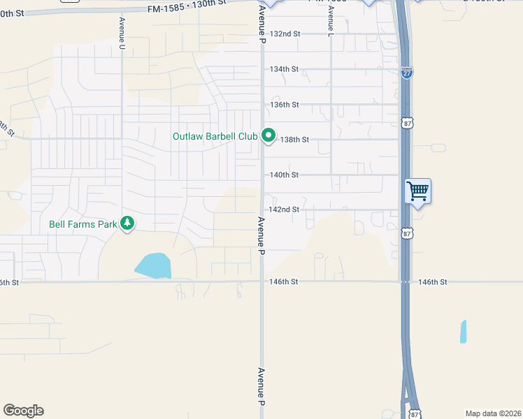 map of restaurants, bars, coffee shops, grocery stores, and more near 14200 Avenue P in Lubbock