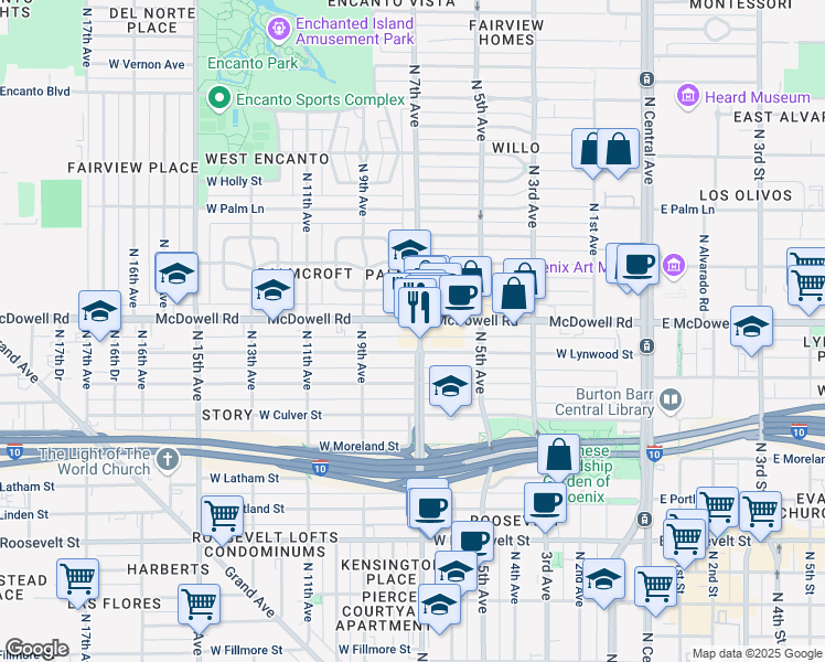 map of restaurants, bars, coffee shops, grocery stores, and more near 706 West Lynwood Street in Phoenix