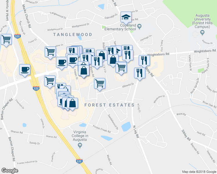map of restaurants, bars, coffee shops, grocery stores, and more near C & South Drive in Augusta