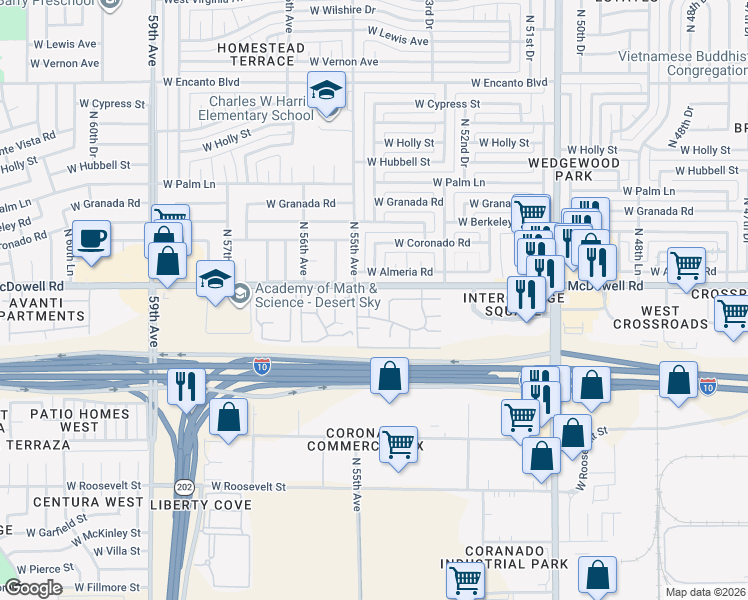 map of restaurants, bars, coffee shops, grocery stores, and more near 1444 North 54th Lane in Phoenix
