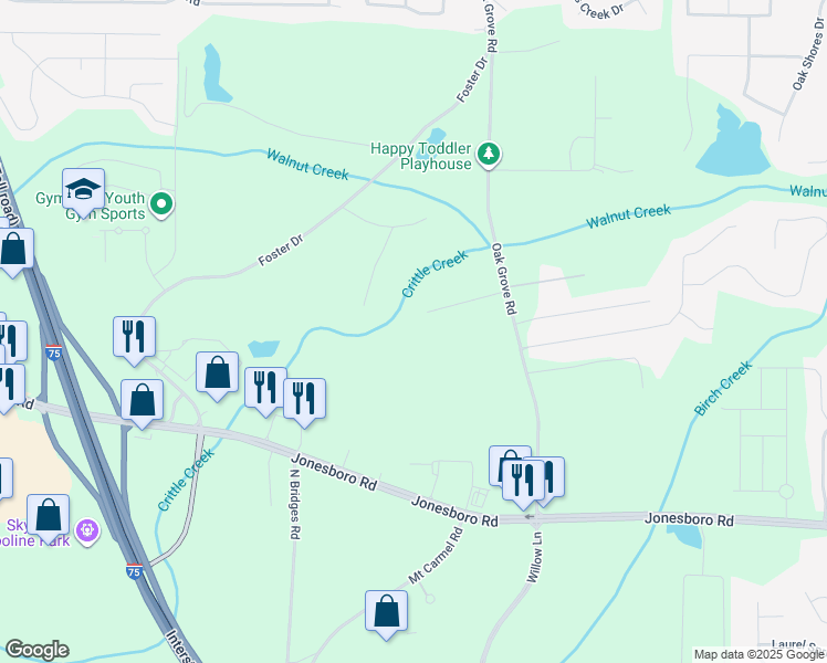 map of restaurants, bars, coffee shops, grocery stores, and more near 45 Oakgrove Lane in McDonough