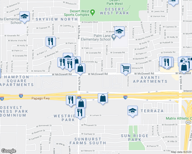 map of restaurants, bars, coffee shops, grocery stores, and more near 6515 West McDowell Road in Phoenix