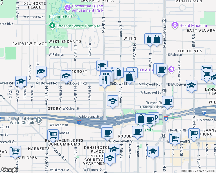 map of restaurants, bars, coffee shops, grocery stores, and more near 522 West Lynwood Street in Phoenix