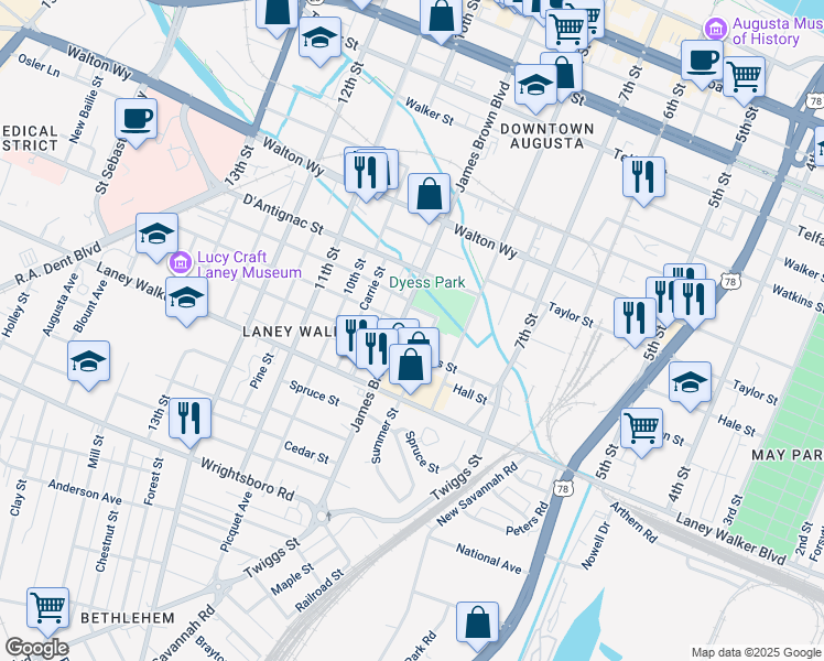 map of restaurants, bars, coffee shops, grocery stores, and more near 1029 Summer Street in Augusta