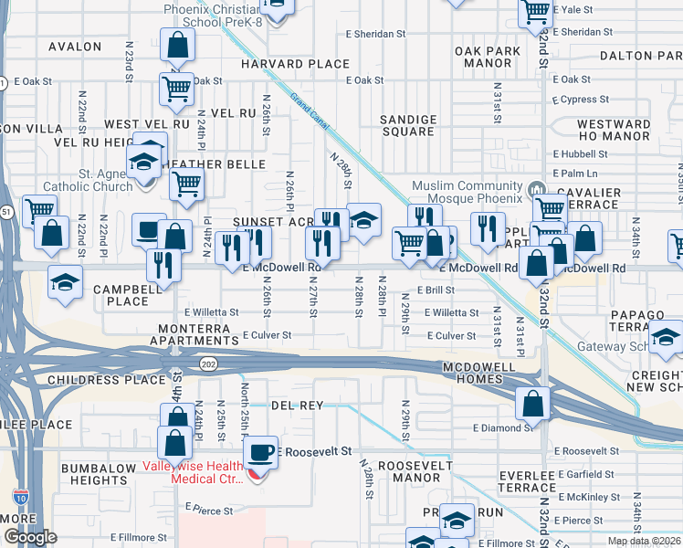 map of restaurants, bars, coffee shops, grocery stores, and more near 2714 East Brill Street in Phoenix