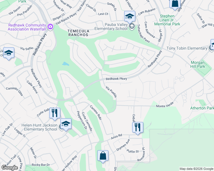 map of restaurants, bars, coffee shops, grocery stores, and more near 45568 Vía Puebla in Temecula
